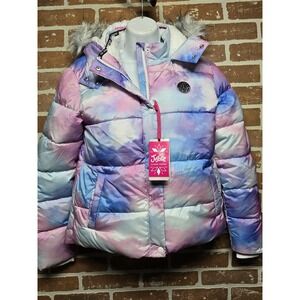 Justice Girls Puffer Jacket with Faux Fur Lined Hood Size L 12/14 Rainbow Pastel